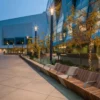 Modern Wood Slat Bench with Concrete Base for Commercial Plaza | Contract Grade