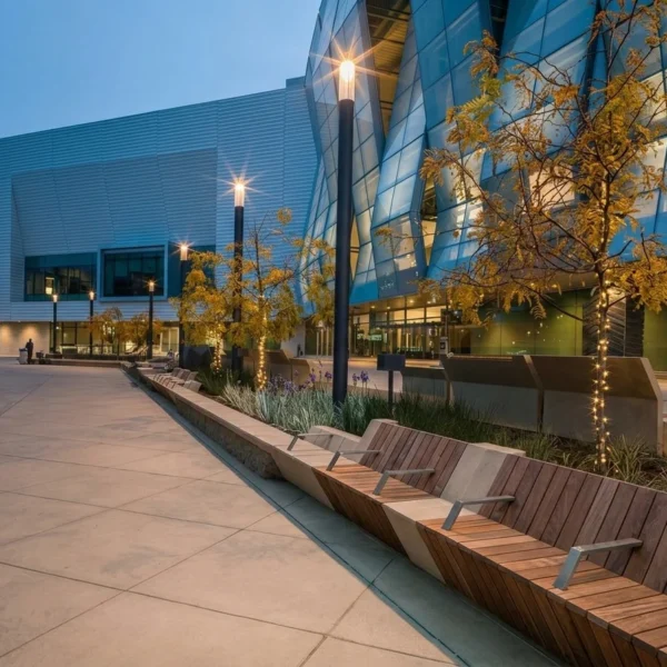 Modern Wood Slat Bench with Concrete Base for Commercial Plaza | Contract Grade