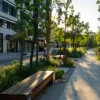 Modern Wood Slat Bench with Metal Frame for Shopping Street | Contract Grade - Image 2