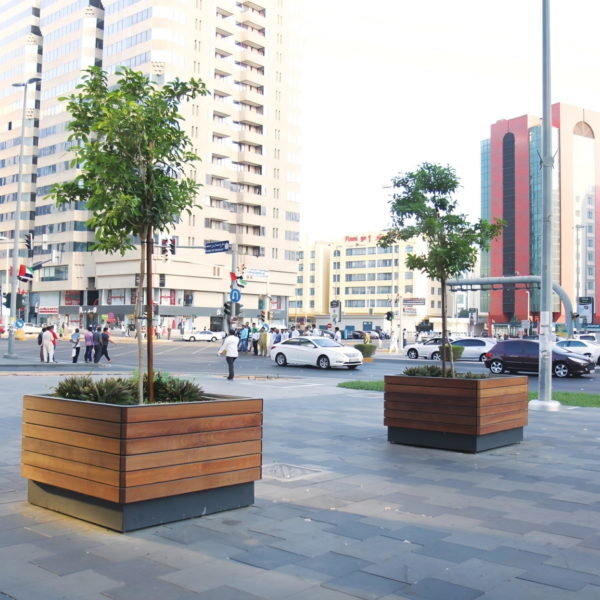 Large Commercial Tree Planters with Wood Slat Finish — Heavy-Duty Urban Site Furnishings
