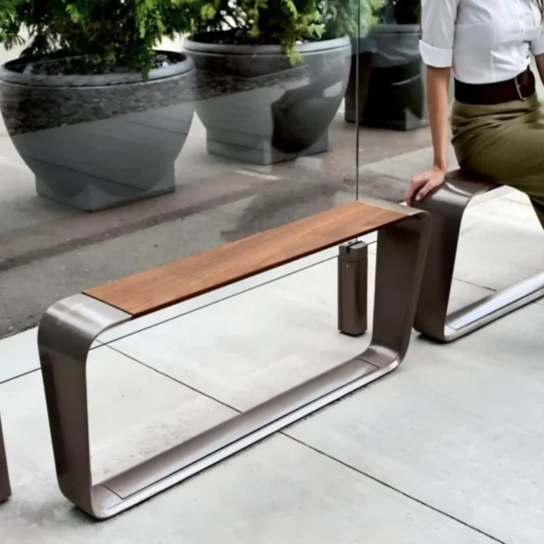 Modern Aluminum Loop Bench with Wood Top for Transit Hub | Contract Grade