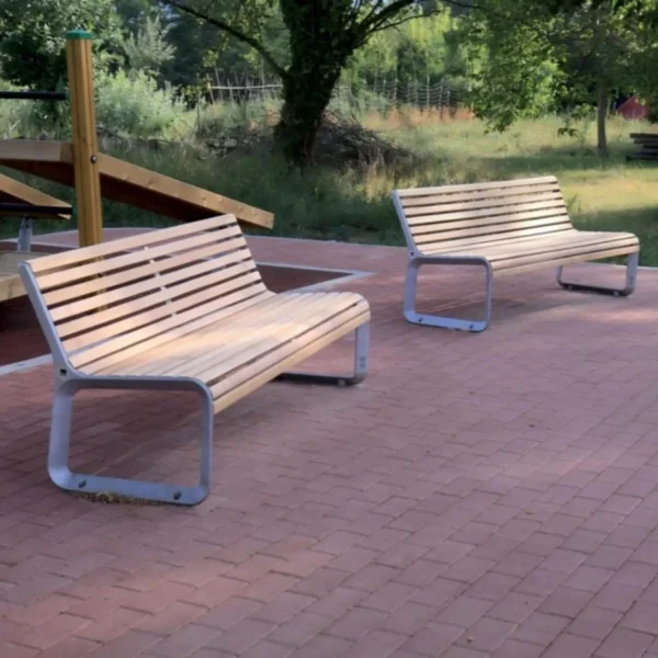 Modern Aluminum Park Bench with Wood Slats for Public Garden | Commercial Grade