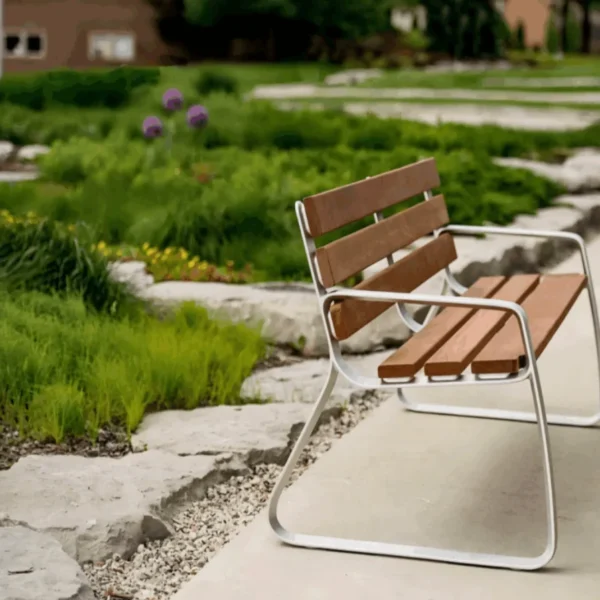 Modern Aluminum Park Bench with Wood Slats for Urban Garden