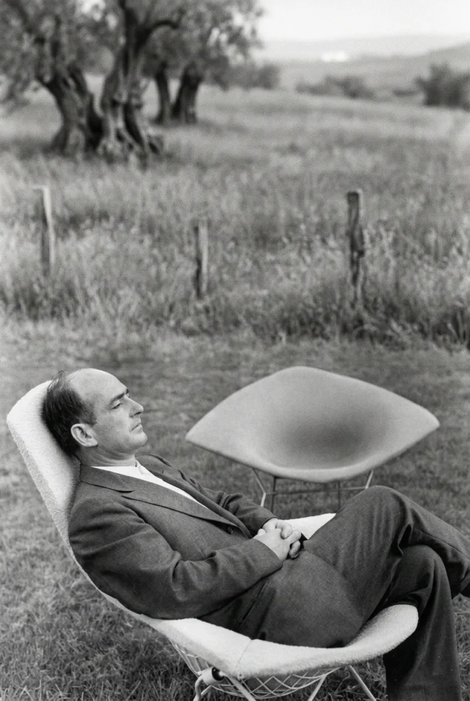 Sculptural wire furniture designs by Harry Bertoia, featuring the iconic Diamond Chair.