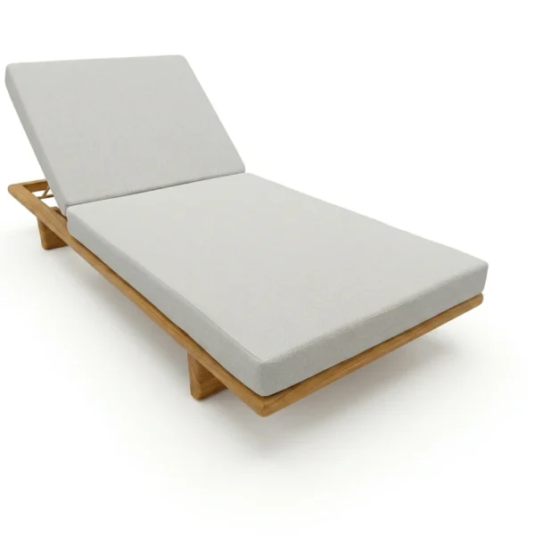 Perspective view of a modern Adjustable-Platform-Teak-Chaise-Lounge with cushion