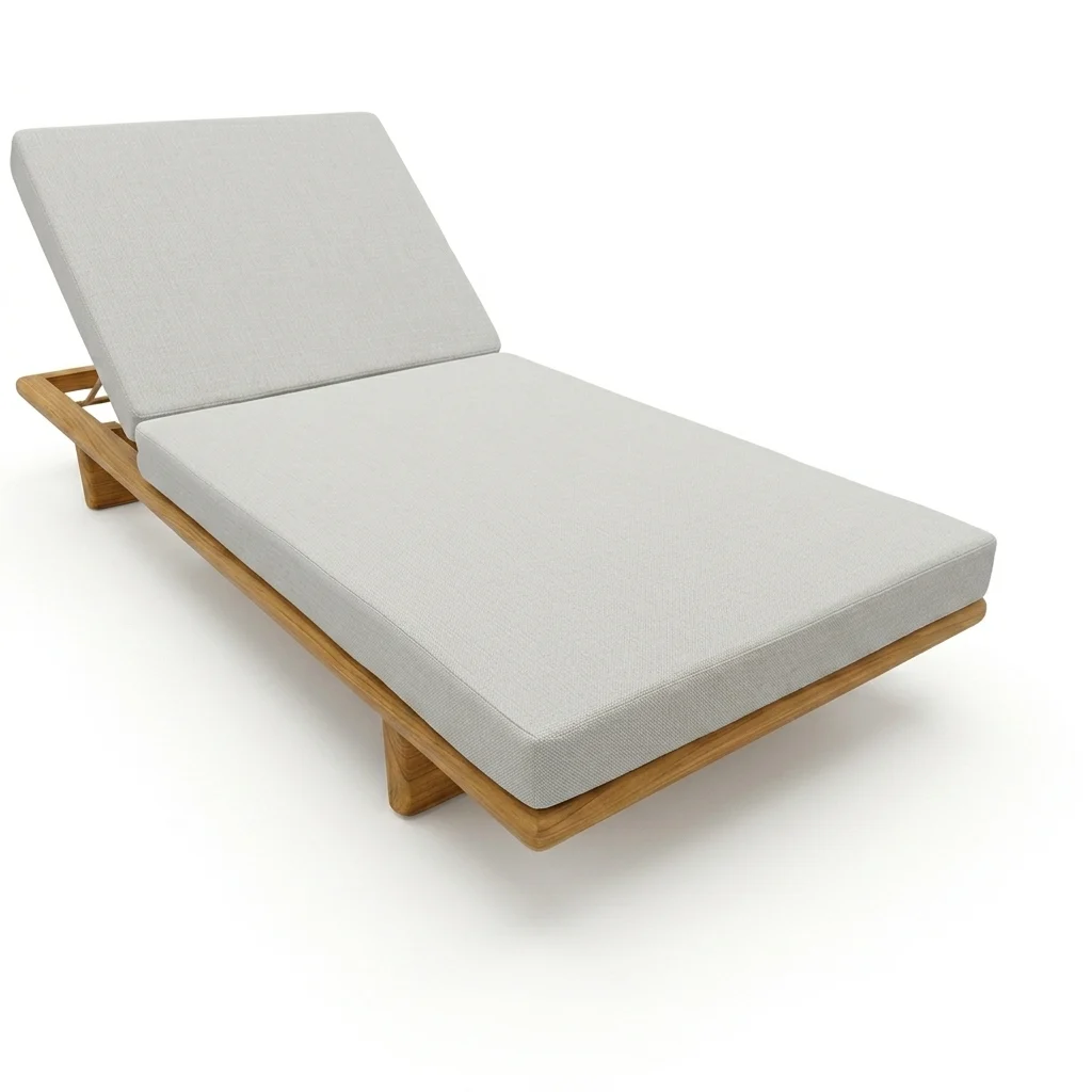 Perspective view of a modern Adjustable-Platform-Teak-Chaise-Lounge with cushion