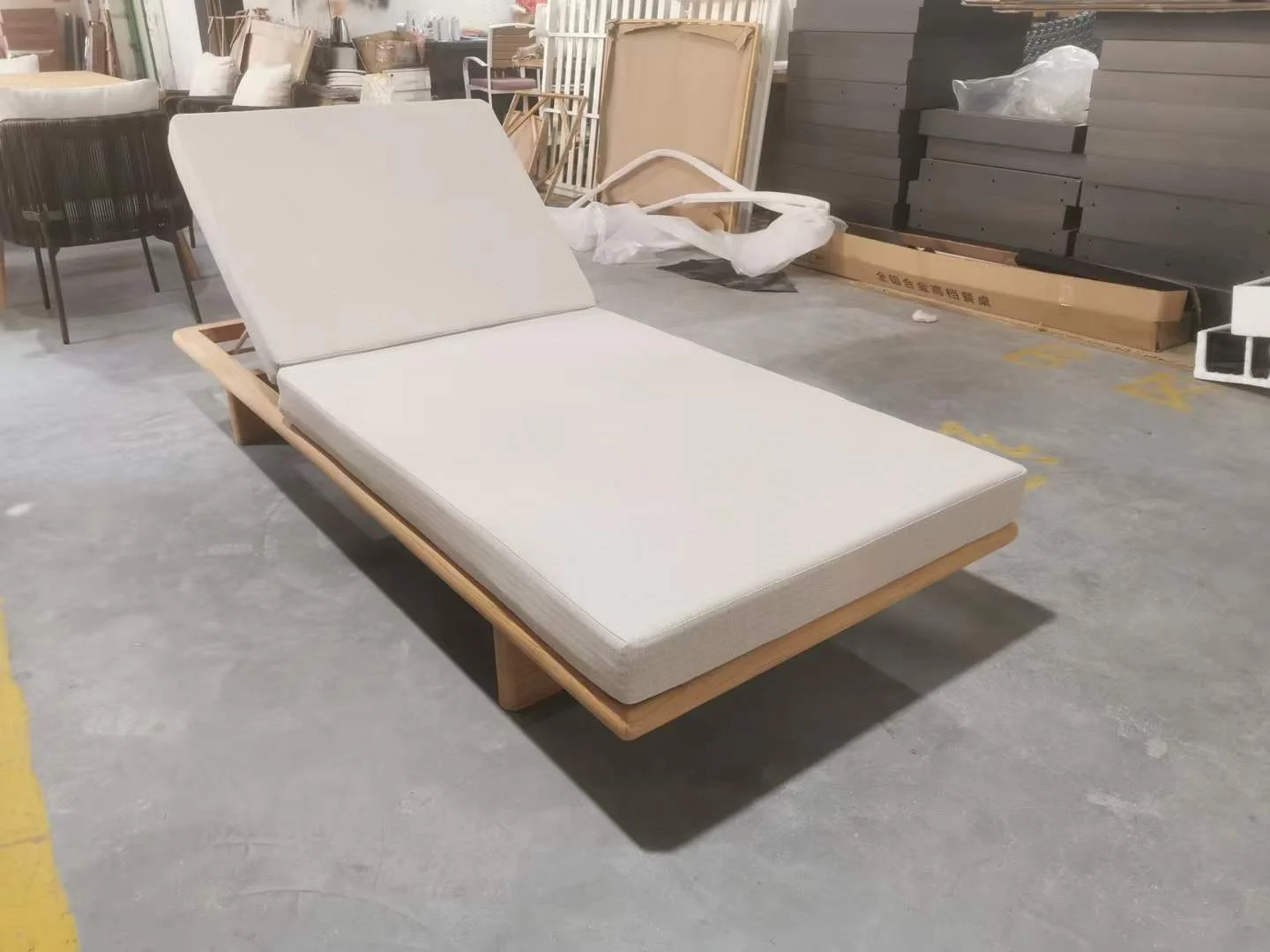 Front Three-Quarter View Adjustable Platform Teak Chaise Lounge with cushion