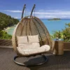 Double Seater Hanging Pod Chair - Brown Wicker with Light Tan Cushion - Image 3