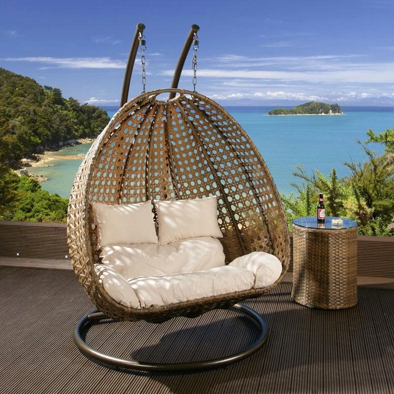 Double Seater Hanging Pod Chair - Brown Wicker with Light Tan Cushion - Image 3