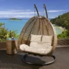 Double Seater Hanging Pod Chair - Brown Wicker with Light Tan Cushion - Image 2