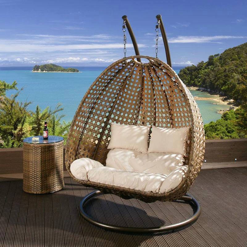 Double Seater Hanging Pod Chair - Brown Wicker with Light Tan Cushion - Image 2