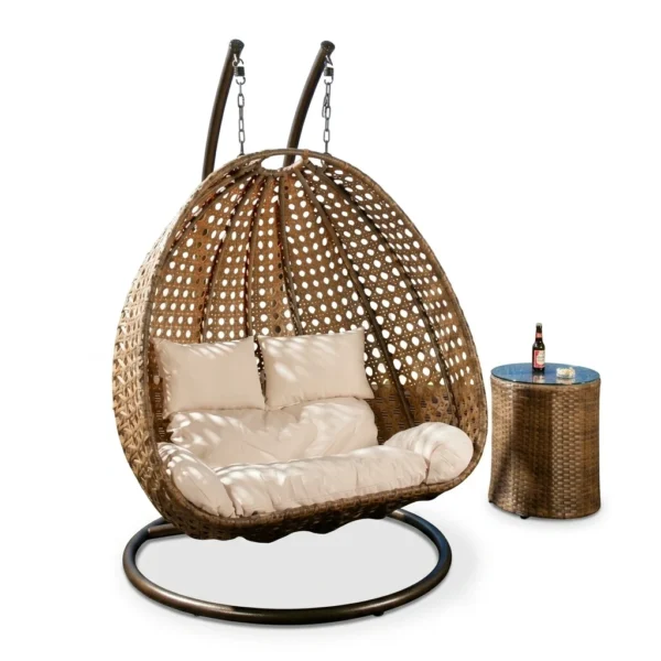 Double Seater Hanging Pod Chair - Brown Wicker with Light Tan Cushion