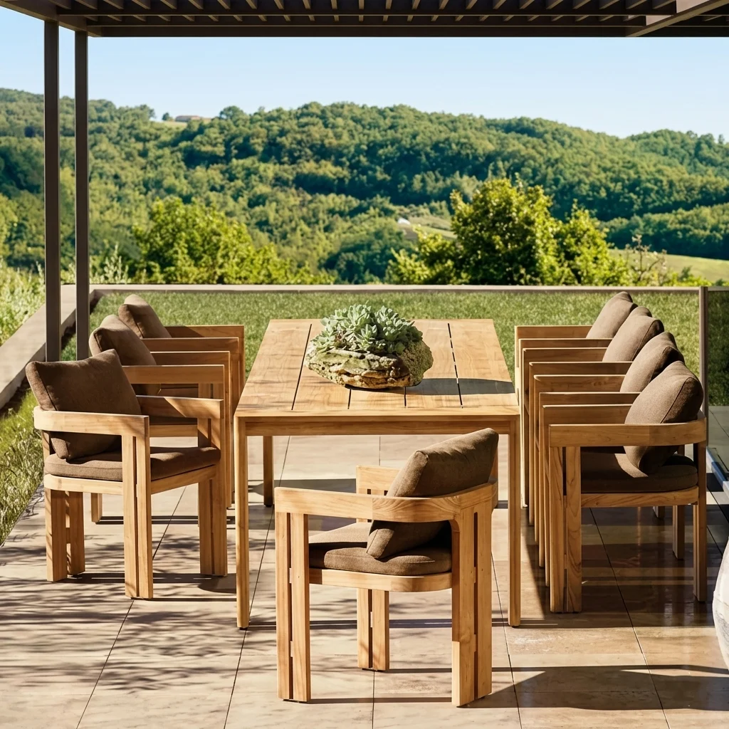 A luxurious teak outdoor dining set on a sunny patio, featuring a large table and upholstered chairs under a pergola, with rolling green hills in the background.