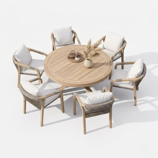 Teak Round Dining Set with Rope Chairs | Wholesale Factory