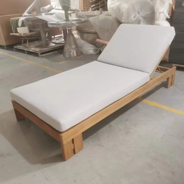 Side angle view of the teak-Chaise-Lounge-with-Thick-Block-Legs frame.